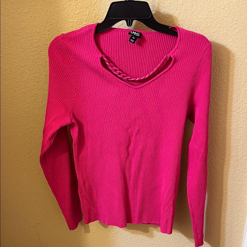 INC International Concepts Fuchsia Ribbed Knit Top with Chain Detail